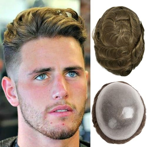 Ehairc Toupet pour hommes 0.04-0.06mm Peau fine Double nœuds Toupet Hommes Durable 100% Système de cheveux humains pour hommes Perruque Taille de base 8x10 pouces 120% Densité(7#)