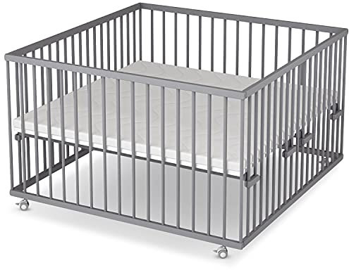 Sämann Laufstall Baby mit Lattenrost und Matratze | stufenlos höhenverstellbar | Laufgitter Premium | Babybett aus Holz | Krabbelgitter (grau, 120x120 cm)