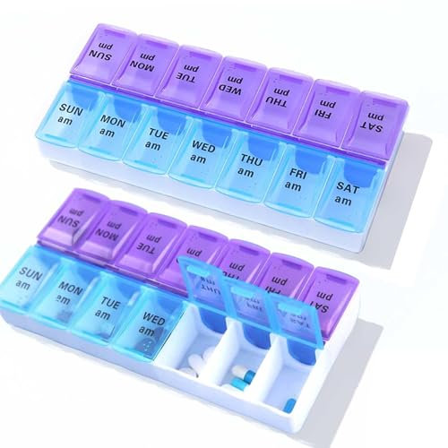 MYLERCT 2 Stück Pillendose 7 Tage 2 Fächer,Trockensicher Tablettenbox 14 Tage,Tragbar Medikamentenbox 14 Tage,für Vitaminen Fischöl auf Reisen oder bei der Arbeit außerhalb des Hauses