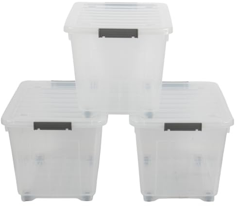 Jolie Max 27L Storage Boxes with Wheels, Durable Plastic Storage Containers with Lids, Stackable & Nestable Design with Side Latching Buckles, Transparent High-Grade Plastic– 45 x 33 x 30 cm (3)