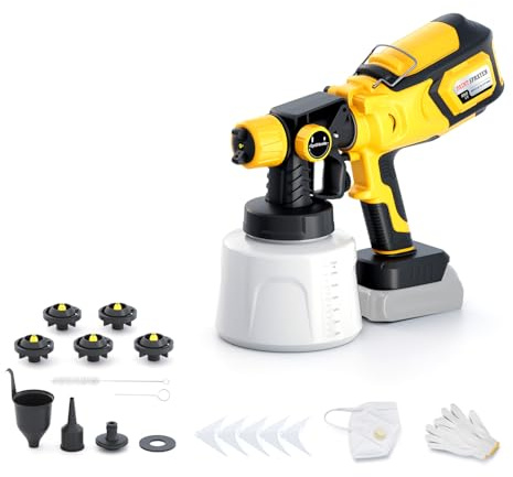 Farbsprühsystem, Akku-Spritzpistole mit Reinigungs- und Blasanschlüssen, kompatibel mit Makita Batterien (20V, Lieferung ohne Akku), 5 Düsen, 1000ml/min, 1400ml Farbbehälter, Für Wände, Boden usw