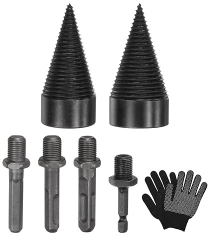 M METERXITY 2-Pack Wood Splitter Drill Bit 42mm + 45mm, Black Grey | Firewood Log Splitter, Square Round Hex Shank Small Hex, 4 Handles, Gloves, Outdoor Stove Farm