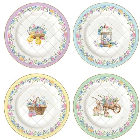 Easy Life Set 4 piatti da dessert pasquali in porcellana con conigli e pulcini Spring Bloom D19 cm