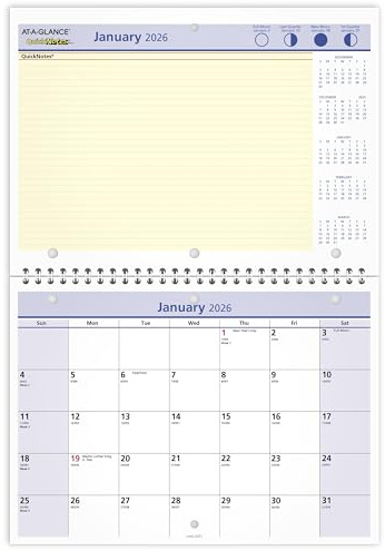 AT-A-GLANCE Calendrier mural et de bureau 2026, mensuel, 27,9 x 20,3 cm, petits blocs journaliers 3,2 x 3,2 cm, QuickNotes (PM502826)