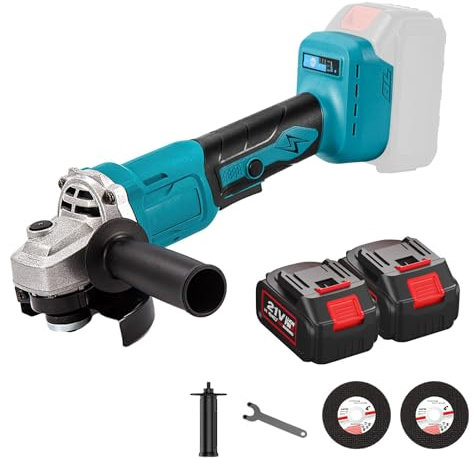 Smerigliatrice angolare senza fili 125 mm, smerigliatrice angolare 21 V 1000 W con 2 batterie, 3 velocità, 13000 RPM motore senza spazzole, dischitrice senza fili per levigare, tagliare (2 batterie)