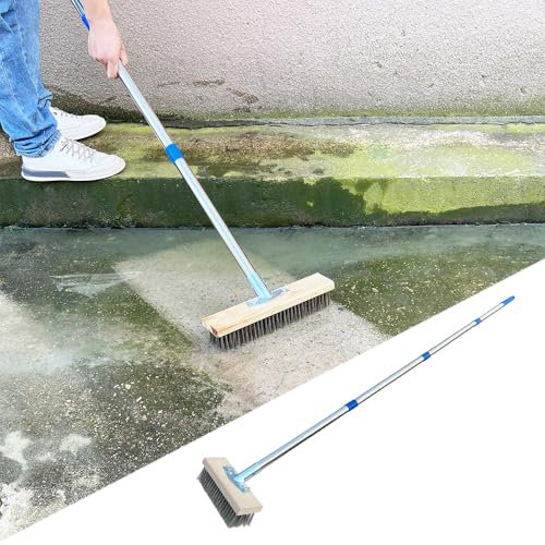 Balai Métallique avec Manche Télescopique, Brosse À Poils Métalliques Rigides, Balai en Fil d'acier pour Pavés, Pôle Détachable De 4 Sections, pour Enlever La Mousse du Jardin, Mauvaises 165×20×6cm