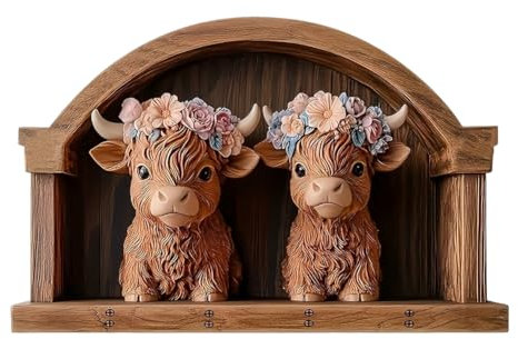 SWZY Highland Cow Key Holder for Wall,Brown Wooden Key Rack Key Hanger,Novelty Key Holder with 4 Wall Mounted Hooks for Hallway,Entryway,Bedroom Mudroom Living Room Farmhouse