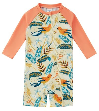 upandfast Traje de Baño para Niña con Flores Verde y Rosa - Bañador UV Manga Larga sin Capucha, Protección UPF 50+ y Cremallera Frontal 12-18M