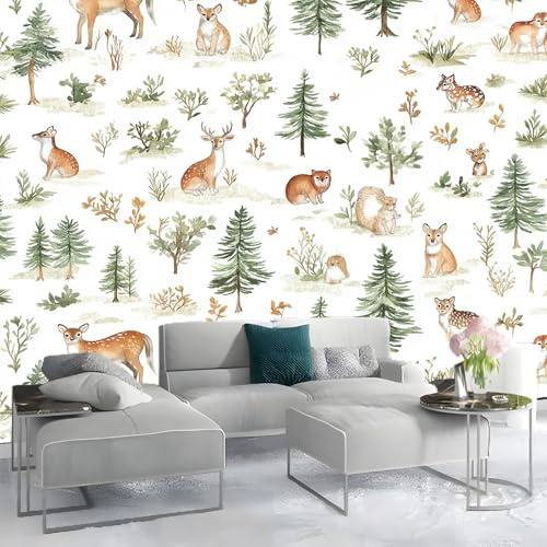 Papiers peints Animaux de la forêt Style aquarelle Naturel Papier Peint Panoramique 200 x 140 cm style 3d très délicate Papier Peint intissé pour Chambre Salon Décoration Murale Vert-brun chaud