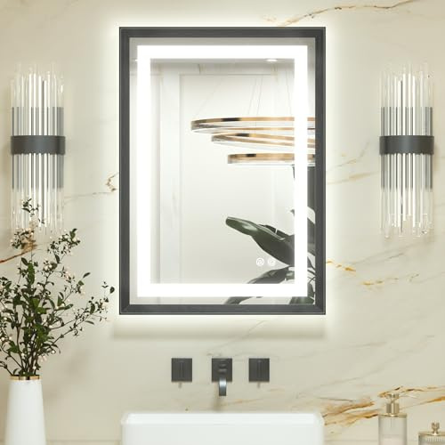 Keonjinn Badspiegel mit Beleuchtung Schwarz Metallrahmen 50x70cm, Badezimmerspiegel Beleuchtet Beschlagfrei Led Bad Spiegel mit Touch-Schalter, 3 Lichtfarben Dimmbar Speicherfunktion Wandspiegel
