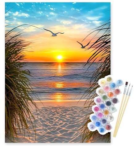 NPCSWXQ Paint By Numbers for Adults Beginners, Beach Sunset DIY Landscape Acrylic Paint by Numbers Canvas Kit for Bedroom Study or Office Home Wall Decor Gift 16x20In/40x50cm