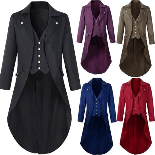 Neu Steampunk Mantel Herren, Gothic Frack Jacke Herren Einreiher Mittelalter Kleidung Langarm Umlegekragen Viktorianisches Palast Smoking Uniform Slim fit Blazer Vintage Gehrock für Halloween Kostüm