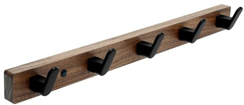 Garderobenleiste Holz mit 5 Aluminium-Haken, Hakenleiste Walnussholz, Kleiderhaken Wand mit 45° Anti-Rutsch-Design, Garderobenleiste für Flur, Schlafzimmer und Bad, 42 cm