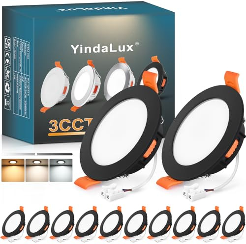 YindaLux 12x LED Einbaustrahler 230V Dimmbar 5W IP44 Schwarz Loch 65-75 mm | 550lm, IP44, ultraflach, 3 Lichtfarben 3000K/4000K/6000K wählbar, Flimmerfrei, für Bad, Küche und Wohnzimmer