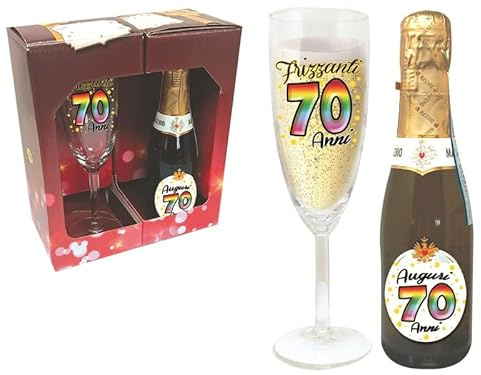 Flute H.20 cm + bottiglia prosecco D.O.C. 20 cl con scatola gift - decorazioni per feste (70 anni)