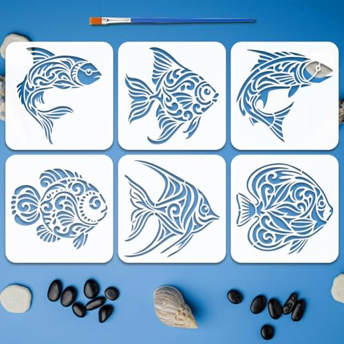 FINGERINSPIRE 6 gemusterte Fisch Malschablonen Mit Pinsel 20x20cm Flunder Muster Zeichenvorlagen Wiederverwendbare Meeresfisch Schablonen Tiermotiv Vorlage Für Wand Und Bodendekoration
