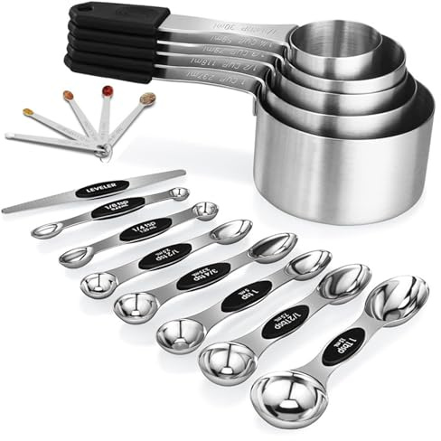 Juego de 19 Tazas y Cucharas Medidoras, Cucharas Medidoras de Acero Inoxidable, Measuring Spoons Para Cocinar y Hornear, El Mango Magnético Facilita El Almacenamiento