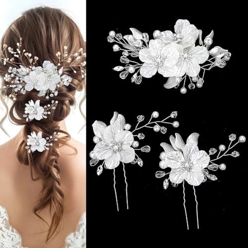 3 PCS Pearl Hair Pins, Ymapinc Large Flower Hair Accessories with Rhinestones, Bridal Rhinestone White Wedding Accessories for Brides, Silver Hair Flowers for Weddings, Bridesmaids & Flower Girls