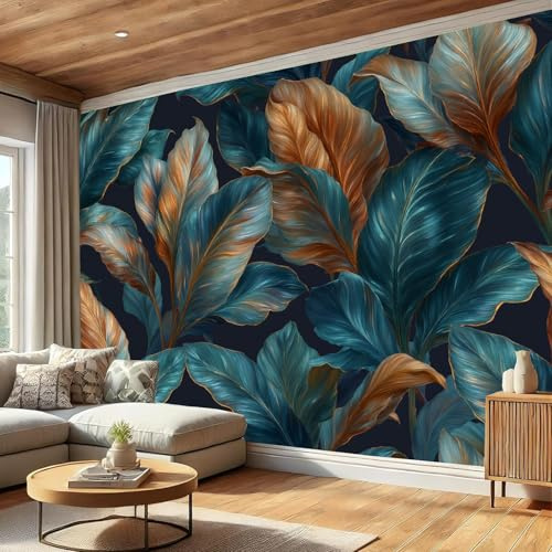 DLERFLOVR 3D Papier Peint Feuilles De Bananier, 400x280cm Papier Peint Panoramique Plantes De Luxe Papiers Mural pour Salon Chambre Chambre D'Enfant Décoration Murale, Bleu-Vert