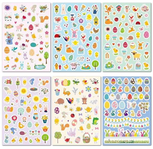 6 Blätter Aufkleber Ostern, Ostereier Sticker Ostersticker, Elbstklebend Ostereier Aufkleber, Oster Sticker, Easter Egg Bunny, Osterhasen KüKen Blumen für Kinder Osterdeko Basteln, DIY
