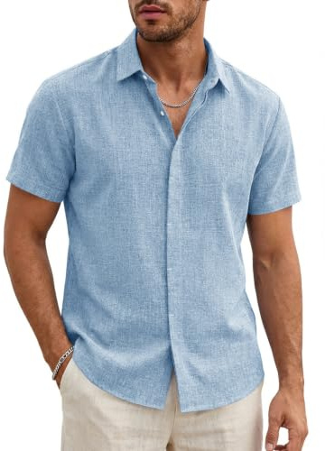 Runcati Camisa de hombre de manga corta ligera de verano para hombre, corte regular, camisa de lino, para bodas, negocios, playa, informal, monocolor, básica