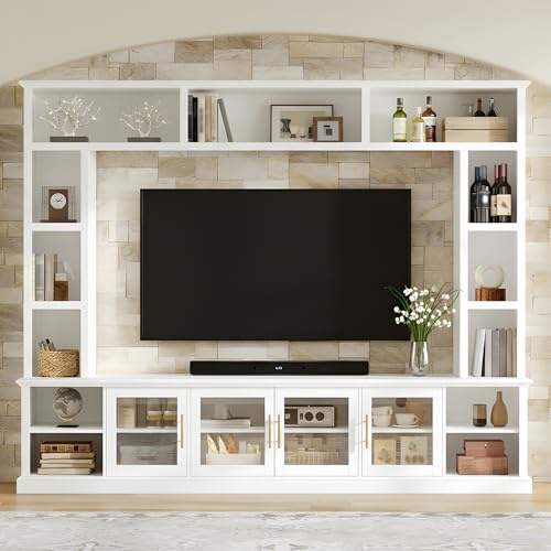 Marzzi Wall Unit Entertainment Center for TVs up to 80, Large Media Console TV Stand with Glass Door Storage Cabinets & Bookshelves, Adjustable Shelves, Tall TV Console for Living Room, Home Theater