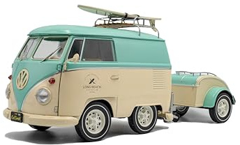 Solido Kool Combi 2024 – Retro Mini Bus Roof Rack with Surfboard, Two-Tone Paint, V-Front, Diecast Model, Mint Green/White, 1:18