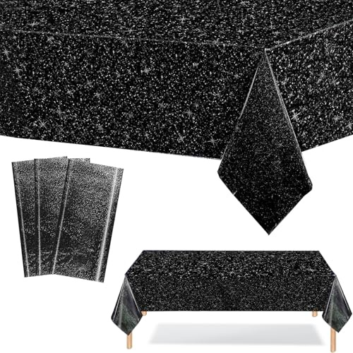 3Pcs Black Metallic Party Tablecloths, 137*274cm Glitter Party Table Cloth Disposable, Black Sparkly Plastic Tablecloth, Sequin Table Cover for Birthday, Wedding, Disco Party Table Decorations