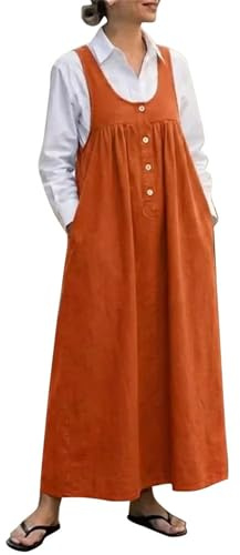 FNKDOR Pinafore Dresses for Women UK Sleeveless Button U Neck Corduroy Dungaree Dress A-Line Maxi Overalls Dress Loose Casual Long Suspender Dresses with Pockets