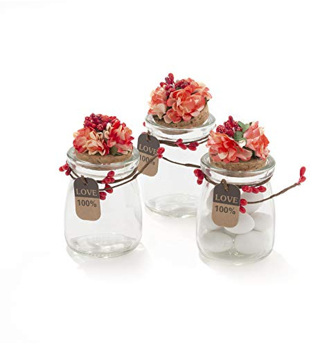 C.X.Y. Lot de 20 bonbonnières en verre avec bouchon liège – déco florale faite main, dragées, mariage, baptême – rouge