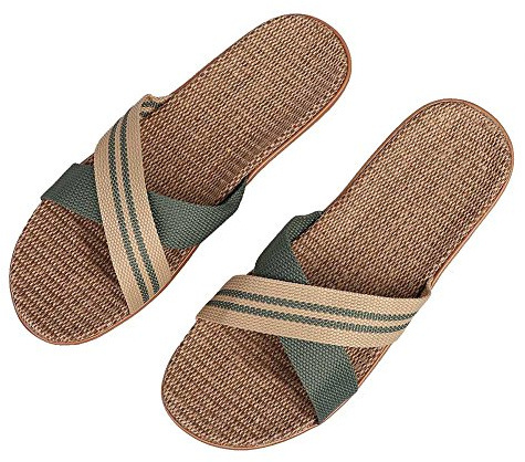 ITODA Unisex Non-Slip Linen Flip Flops Summer Couples Mule Sandals Home Open Toe Slippers Moisture Wicking Flax Sole Indoor Flats Shoes Slippers Breathable Floor Drag