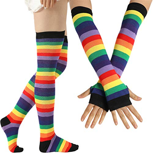 EDOTON Kniestrümpfe Regenbogen Streifen Arm Wärmer Bein Strumpf Bunte Oberschenkel Hohe Socken Fingerlose Handschuhe Hülsen-Set für Frauen Mädchen Party Stützen (Schwarz)
