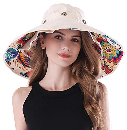 AIDIER Damen 2 in 1 Extra Breite Krempe Sommerhut Faltbarer Floppy Sonnenhüte Flexibel Abnehmbar Fischerhut UV Schutz Strandhut Flora Gartenhut Sommer Großer Hut UPF 50+(Krempenlänge 18cm)