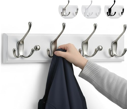 LARHN Wall-Mounted Coat Rack - 4 Matt-Nickel Triple Coat Hooks for Wall on White Wooden Bamboo Base - 42 cm - All Fixings Included
