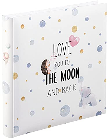 Hama Babyalbum To The Moon (Baby-Fotoalbum mit 50 Seiten für Mädchen und Jungen, Kinder-Fotobuch für ca. 100 Fotos, Photoalbum zum Selbstgestalten und Einkleben mit Motiv, Album-Format 25x25cm) weiß