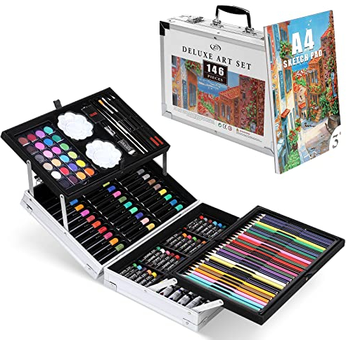 Zezirdas 146 Pezzi Set da Disegno in Valigia di Metallo - Matite Colorate, Acquerelli, Pastelli ad Olio, Pennelli di setola, Matite HB, Blocco da Disegno