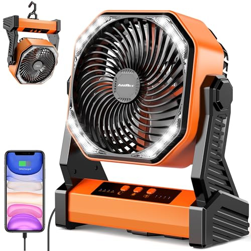 20000mAh Battery Powered Camping Fan, 58Hrs Rechargeable Portable Fan, 400LM Light, 360° Hook, Whisper Quiet Battery Operated Fan for Outdoor Car Travel Hurricane Camping Gear Essentials Power Outages