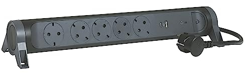 LEGRAND Regleta de enchufes con protección contra sobretensión, USB, con Interruptor, Enchufe múltiple con 5 Tomas de Corriente, Cable de 1,5 MTS., Color Negro/Gris Oscuro 694514
