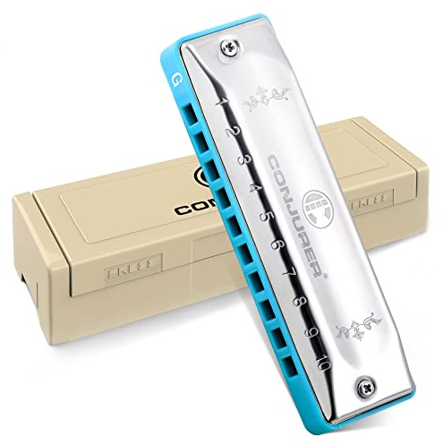 Conjurer Blues Mundharmonika G-Dur Anfänger Blues Harp G 10-Loch Diatonische Harmonika Instrument Muntamonika mit hochwertigen Messing Stimmzungen und Hervorragender Klang, 1002 G Dur, Silber