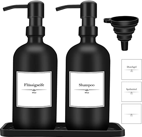 Glas Seifenspender Set,Gcstnn 500ml*2 Spülmittelspender Badezimmer Set mit Silikontablett und Trichter,Nachfüllbare Pumpspender,Shampoo Lotion Handseifenspender für Küche Bad Arbeitsplatte(Schwarz)