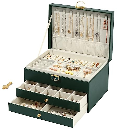 WAREHOUSE Schmuckkästchen Schmuckaufbewahrung, 3-Lagige Abnehmbare Schmuckkästchen, zur Aufbewahrung von Schmuck, Ringen, Ohrringen, Armbändern, Wasserdichte Leder Schmuckkasten (Grün)