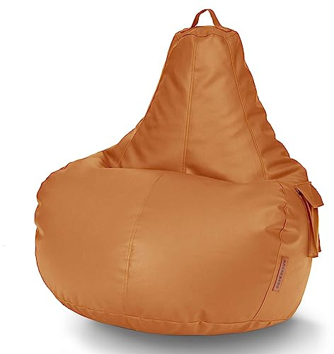 Green Bean© Sacco a fagiolo in finta pelle con materiale di riempimento (perle EPS) - 90 x 80 x 70 cm - Cuscino per sedile Bean Bag Seat Puff Cuscino per pavimento Lounge Cognac