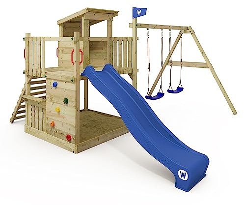 WICKEY Spielturm Klettergerüst Smart Cabin mit Schaukel & Rutsche, Stelzenhaus mit Sandkasten, Outdoor Kletterturm für Kinder, Kletterwand & Spiel-Zubehör – blau