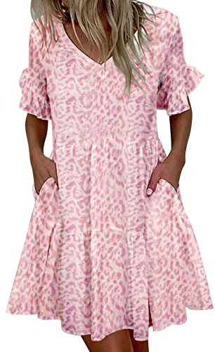 AMDOLE Damenkleid, Junior-Kleid, V-Ausschnitt, Rüschen, mittlere Ärmel, Plisseekleid, Damenkleid, Taschenkleid, Scharnierkleid, rose, XXL