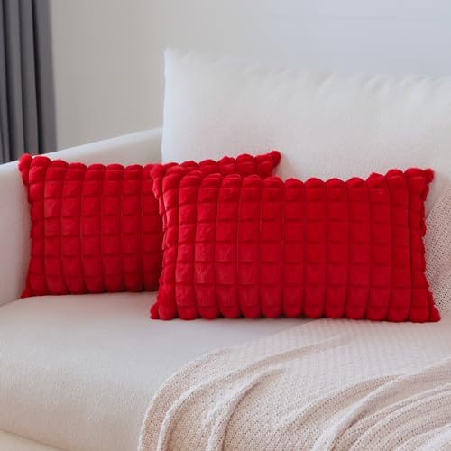 Soleebee 2er Set Plüsch Samt Kissenbezüge, Weiche Künstliche Pelz Plaid Textur Kissenbezug Sofa Zierkissenbezüge Dekokissen Kissenhülle Set für Couch Schlafzimmer Zuhause Dekor (30x50cm, Rot)