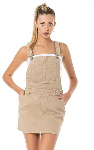 Red Bridge Dam jeanskjol kort kjol overall hängselbyxor, Beige, L