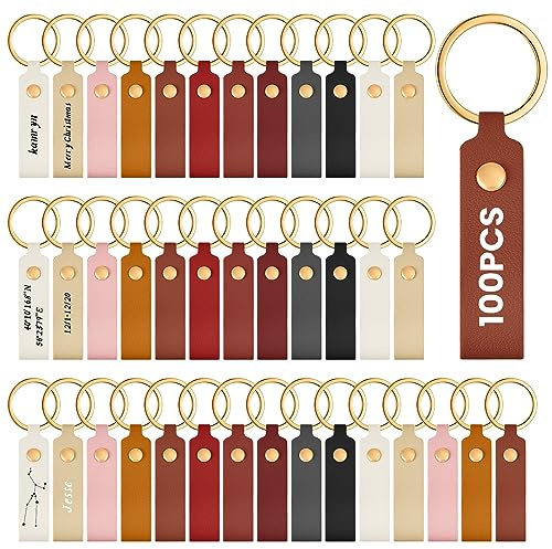 Wavyknot Lot de 100 porte-clés vierges en cuir avec gravure laser pour porte-clés à faire soi-même, 3.7 x 0.7 Inches, Métal Cuir