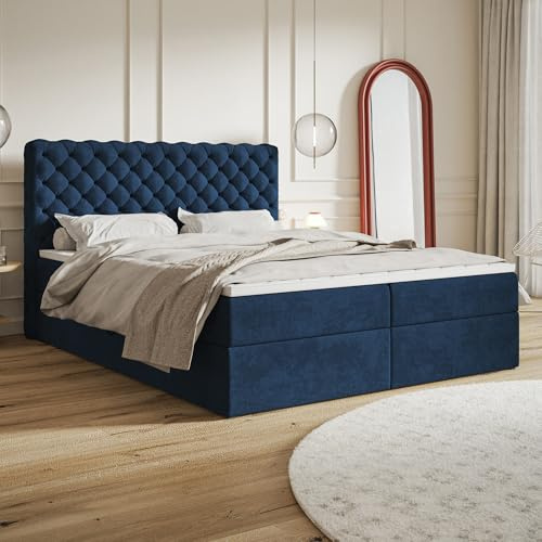 MOTIVENA Nero Chesterfield Boxspringbett 180x200 mit Bettkasten und Topper, Polsterbett 180x200 mit Bettkasten, Bonell-Matratze (H4), T28 Schaumstoff Topper (H3), Samt, Blau (Dunkelblau)