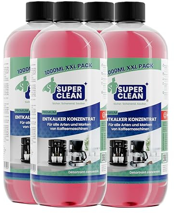 SUPER CLEAN 4 x 1000ml Universal Entkalker Kaffeevollautomat - Flüssig - Für alle Maschinen & Marken - 40 x Entkalkung - Effektiver Flüssigentkalker von Kaffeemaschinen, Wasserkocher & Duschen