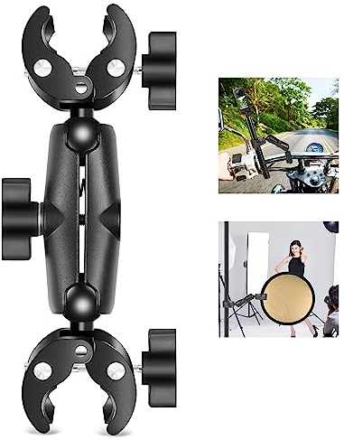 PULUZ Super Clamp Double Camera Mount, Crab Plier Clip Bracket Magic Arm Double Ball Head Adapter Umbrella Clamp for Motorcycle, Bike, Cross Bars, Desktop, Light Stand, Photo Boom Stand